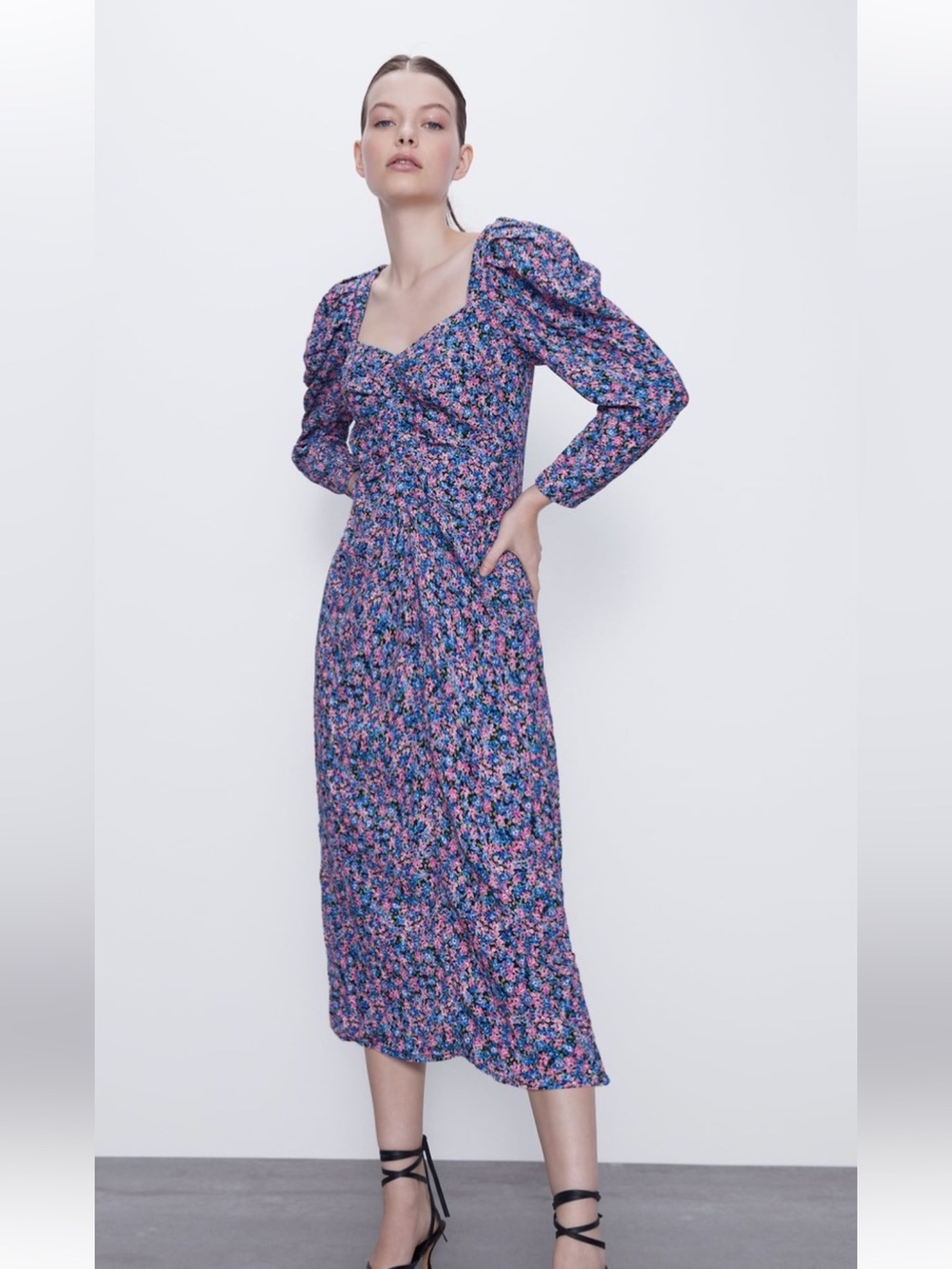 Zara Floral Puff-Sleeve Midi Dress in Blue and Pink